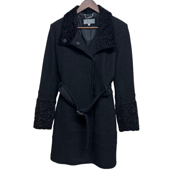 Pelle Studio Wool Blend Belted Coat Black Faux Fur Trim Sz M - Picture 2 of 7